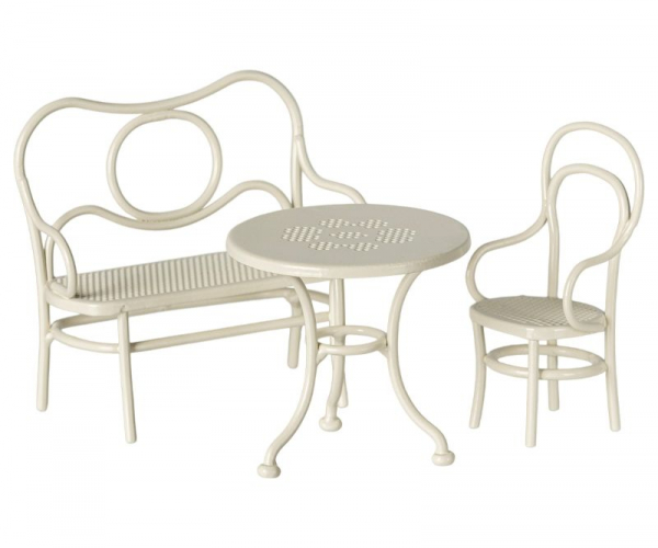 Maileg Tisch und Stuhlgarnitur creme aus Metall  - Cafe Set für Mäuse